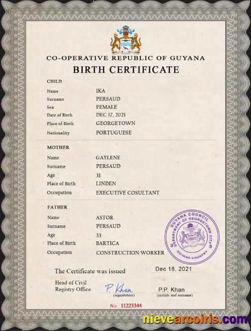 Guyana vital record birth certificate
